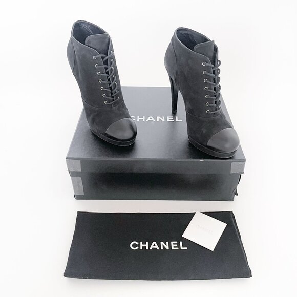 Chanel Lace Up CC Booties EU 38.5 US 7.5-8 Black Cap Toe High Heel Ankle Boot - Picture 1 of 15